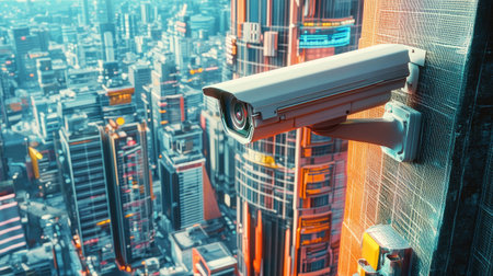 A surveillance camera is mounted on a skyscraper, providing an impressive view of a vibrant futuristic city filled with towering structures and glowing lights, showcasing urban security technology.の素材