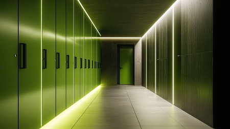 A modern corridor featuring vibrant green lockers and ambient lighting, illustrating a minimalist design with a focus on contemporary architecture and sleek aesthetic qualities.の素材