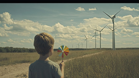 A young boy stands in an expansive field, holding a vibrant pinwheel, captivated by a row of wind turbines in the distance beneath a picturesque sky.の素材