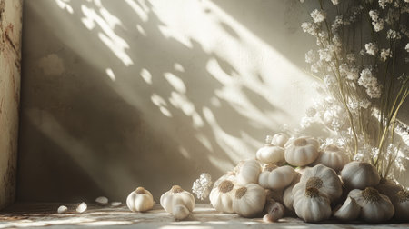 A serene composition featuring fresh garlic bulbs with delicate white flowers, enhanced by soft sunlight casting gentle shadows, perfect for culinary inspiration and rustic decor.の素材