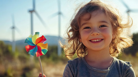 A joyful young girl smiles while holding a vibrant pinwheel, with wind turbines in the background, celebrating nature and the beauty of renewable energy on a sunny day.の素材