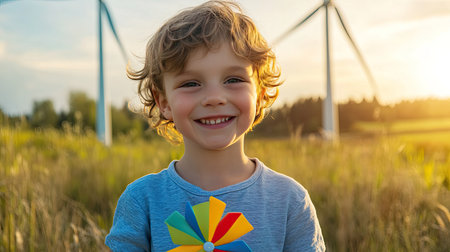 A smiling young boy stands outdoors during a golden sunset, holding a colorful pinwheel with wind turbines in the background, embodying joy and the essence of childhood.の素材
