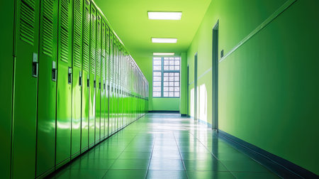 A vibrant school hallway featuring green lockers and natural light pouring in, creating an energetic and inviting environment perfect for education and student interactions.の素材