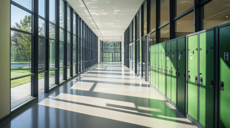 A modern school corridor bathed in natural light with green lockers, showcasing a spacious and inviting atmosphere ideal for educational environments or architectural themes.の素材
