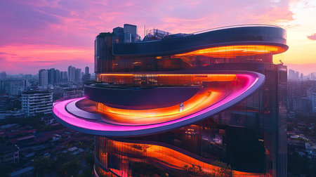 This image captures a striking example of modern architecture at dusk, showcasing vibrant colors and smooth curves that define the urban landscape.の素材
