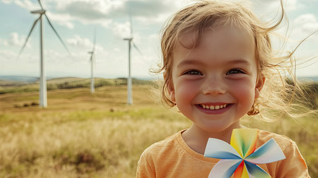 A cheerful child smiles while holding a colorful pinwheel in a field with windmills in the background, showcasing the beauty of nature and renewable energy in a bright landscape.の素材