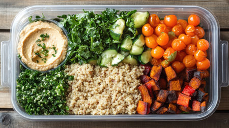 A vibrant meal prep container featuring hummus, quinoa, kale, roasted vegetables, cherry tomatoes, and cucumber slices, perfect for a healthy lifestyle and nutritious eating.の素材