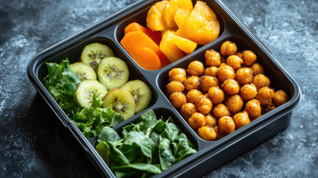 This vibrant meal prep container features a nutritious assortment of chickpeas, kiwi, spinach, lettuce, carrots, and peaches, perfect for healthy lifestyles.の素材