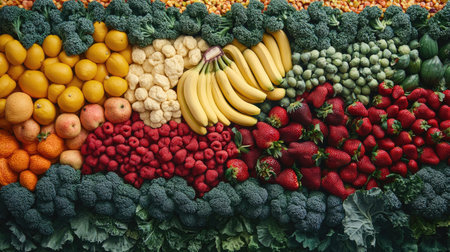 A colorful arrangement of fresh fruits and vegetables including bananas, strawberries, and broccoli, ideal for health, nutrition, and culinary themes showcasing vibrant natural produce.の素材