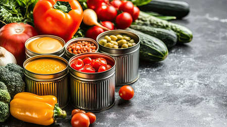 A colorful arrangement of fresh vegetables and canned items on a rustic table, perfect for inspiring healthy meal preparation and showcasing nutritious ingredients for various recipes.の素材