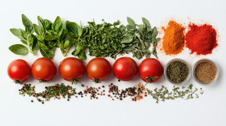 A vibrant display of fresh tomatoes, green herbs, and spices perfect for culinary creations. Ideal for food blogs, recipes, and cooking inspiration with vibrant colors.の素材