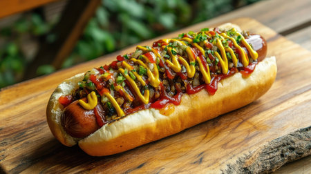 A delectable hot dog topped with mustard, ketchup, and chopped onions, presented on a wooden board surrounded by green foliage, perfect for summer gatherings and casual meals.の素材