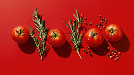 This captivating composition features fresh red tomatoes alongside aromatic rosemary and black peppercorns, set against a striking red background, perfect for showcasing culinary delights.の素材