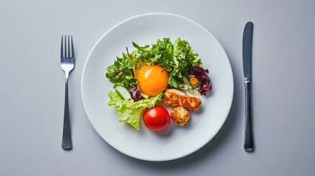 A vibrant and healthy plate featuring a fresh salad with a rich egg yolk, cherry tomato, and grilled chicken, perfect for a nutritious meal on a stylish gray background.の素材