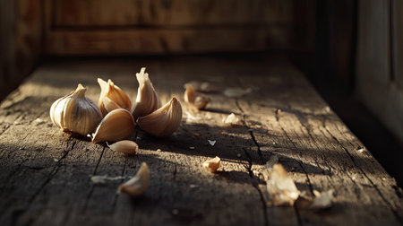 A captivating close-up of fresh garlic cloves resting on a rustic wooden surface, illuminated by soft natural light that showcases their unique textures and earthy tones.の素材