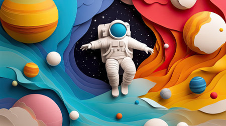 A captivating abstract representation of an astronaut floating amidst vibrant cosmic elements, blending colors and shapes to evoke exploration and the wonders of the universe.の素材