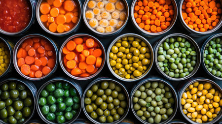An array of canned vegetables and fruits arranged beautifully in circular patterns, highlighting the vibrant colors and freshness suitable for healthy meals and creative cooking.の素材