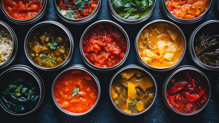 A beautiful collection of assorted sauces and dishes showcased in jars, featuring vibrant colors and fresh ingredients, perfect for culinary projects and food photography.の素材