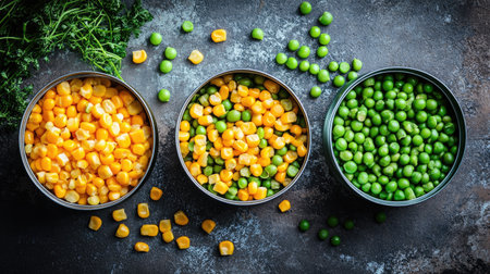 Discover a vibrant display of fresh vegetables featuring green peas, yellow corn, and orange carrots. Perfect for healthy meal preparation and culinary inspiration.の素材