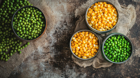 A visually appealing display of green peas and yellow corn in metal tins, set against a rustic wooden background, showcasing vibrant colors and natural textures for food enthusiasts.の素材