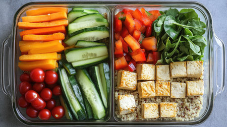 This vibrant glass container features a meal prep with fresh vegetables, tofu, and quinoa, perfect for a nutritious and balanced diet, ideal for fitness and wellness enthusiasts.の素材