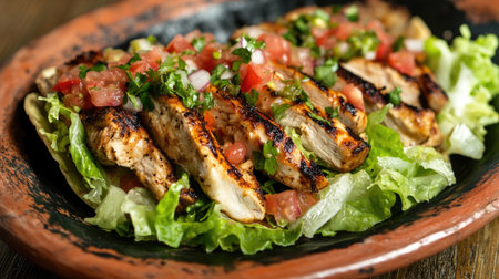 Juicy grilled chicken breast served on a bed of fresh lettuce, topped with vibrant salsa and chopped onions for a delicious and healthy dining experience.の素材