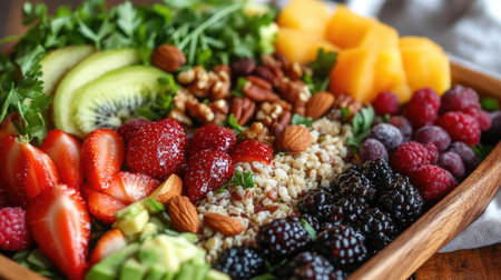 Discover a vibrant and colorful arrangement of fresh fruits, nuts, and greens perfect for a nutritious meal or snack, offering a visually appealing healthy choice.の素材