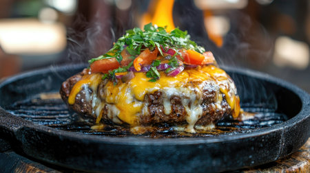 A mouthwatering grilled burger with melted cheese, fresh herbs, and toppings served on a sizzling iron plate, creating a tempting and flavorful dining experience.の素材