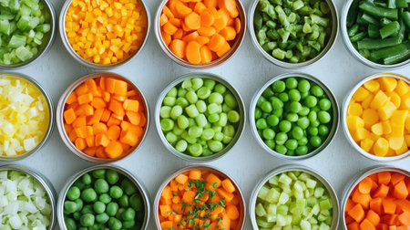 This vibrant display of freshly chopped vegetables in cans illustrates a variety of colors and textures, perfect for enhancing healthy meal preparations and culinary creativity.の素材