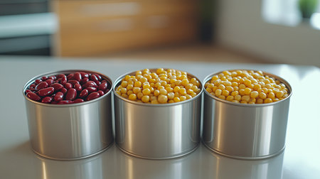 A stunning arrangement of red kidney beans and yellow split peas in sleek metal containers, set against a modern kitchen backdrop creating a bright and inviting food scene.の素材