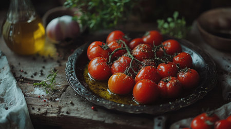 A vibrant display of fresh cherry tomatoes on a rustic plate, drizzled with olive oil and sprinkled with herbs and spices, perfect for culinary and healthy lifestyle themes.の素材