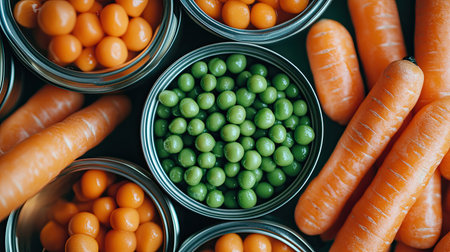 A vibrant assortment of raw vegetables and legumes is beautifully displayed in jars and around fresh carrots, illustrating healthy food choices for cooking and nutrition.の素材