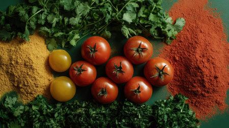 An artistic display of fresh tomatoes, vibrant spices, and herbs creates a colorful food arrangement, inspiring culinary creativity for healthy cooking and recipe development.の素材