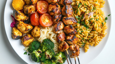 A vibrant plate features grilled chicken skewers with a variety of colorful vegetables, complemented by pasta and broccoli, ideal for healthy meals and summer gatherings.の素材