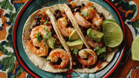 Enjoy these vibrant shrimp tacos topped with avocado and black beans, served with a slice of fresh lime, perfect for summer meals or casual gatherings.の素材