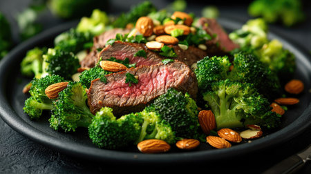 Experience a visually appealing dish of perfectly cooked beef steak complemented by fresh broccoli and almonds, creating a healthy and tasty meal ideal for any dining occasion.の素材