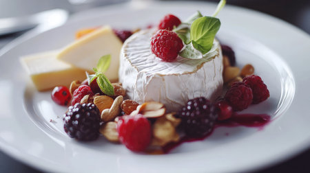 A visually appealing dish featuring soft cheese complemented by fresh berries, nuts, and mint, perfect for gourmet dining or casual gatherings.の素材