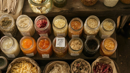 A beautifully arranged collection of jars filled with colorful organic ingredients on a rustic wooden table, perfect for culinary projects and healthy lifestyle enthusiasts.の素材