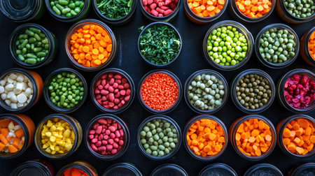 An artistic flat lay of colorful fresh vegetables and legumes arranged in jars, showcasing vibrant colors and promoting healthy eating choices for various culinary applications.の素材