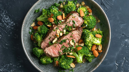 A delectable beef steak plated with vibrant broccoli and crunchy almonds, showcasing a perfect blend of flavors for health-conscious meals and inspiring culinary creations.の素材