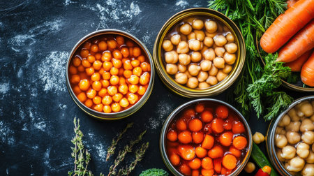 A visually appealing arrangement of canned vegetables and legumes alongside fresh carrots and herbs, perfect for inspiring healthy cooking and meal preparation ideas.の素材
