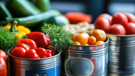 A vibrant display of fresh produce including canned tomatoes, peppers, and zucchini, showcasing healthy eating and home cooking essentials with colorful ingredients.の素材