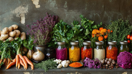 A vibrant display of fresh vegetables and colorful preserves in jars showcases the essence of seasonal cooking, highlighting the beauty of natural ingredients and rustic appeal.の素材
