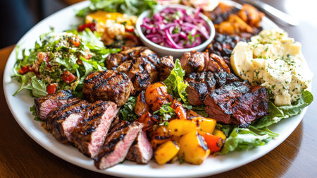 This vibrant platter features an assortment of grilled meats, fresh greens, and savory sides, perfect for sharing at gatherings or enjoying a sumptuous meal at home.の素材