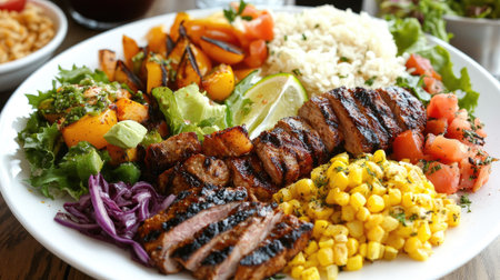 A vibrant plate showcasing grilled steak, fresh vegetables, rice, and colorful salad, perfect for a healthy and appetizing meal experience any time of the year.の素材