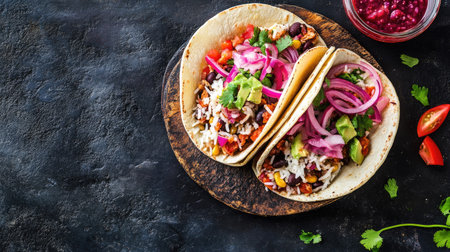 Indulge in these vibrant soft tacos packed with fresh vegetables, rice, and beans, served on a rustic plate, perfect for a delicious meal any time.の素材