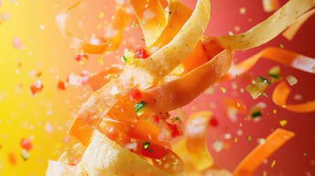 An eye-catching composition featuring vibrant vegetable ribbons in motion, complemented by bright colors and seasonings, perfect for culinary and food-related themes.の素材