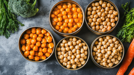 This image showcases a selection of vibrant canned vegetables and legumes, highlighting colorful chickpeas, fresh broccoli, and carrots for healthy meal inspirations.の素材