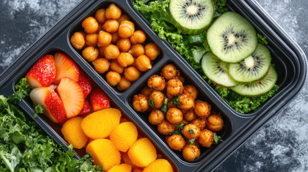 A vibrant meal prep box filled with fresh fruits and vegetables, showcasing strawberries, kiwi slices, chickpeas, and leafy greens for a healthy eating choice.の素材