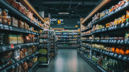 A spacious grocery store aisle showcasing various products organized on shelves, emphasizing an inviting shopping atmosphere with bright lighting. Perfect for lifestyle and retail themes.の素材